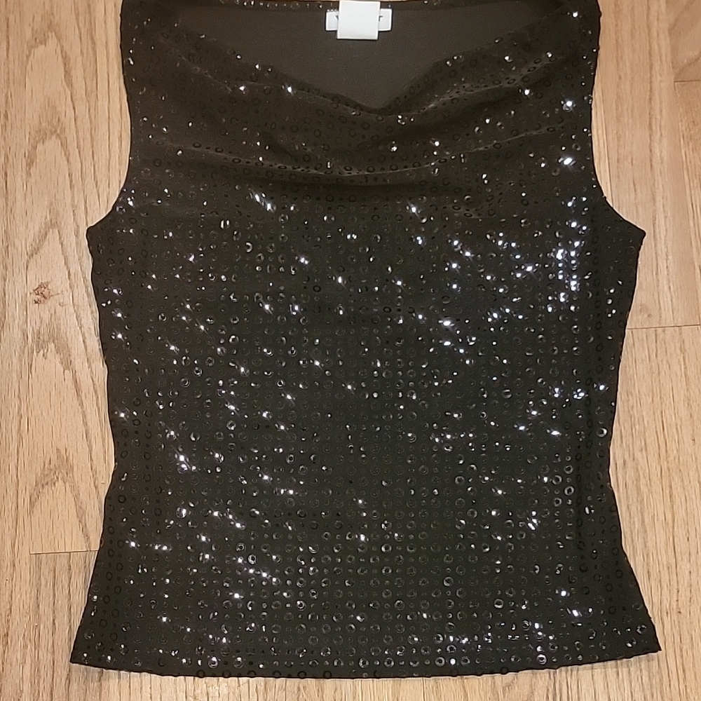 Vintage Holiday Sleeveless Black Stretchy Sequin Sleeveless Waterfall Top